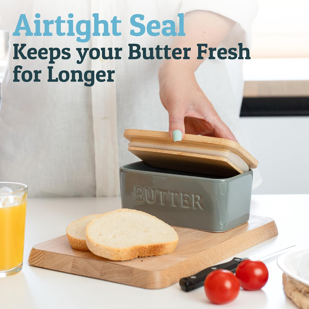 Prioritychef Extra Large Butter Dish with Lid for Countertop, Ceramic Butter Container with Airtight Cover, Butter Keeper for Counter or Fridge, Butter Holder Storage, Grey