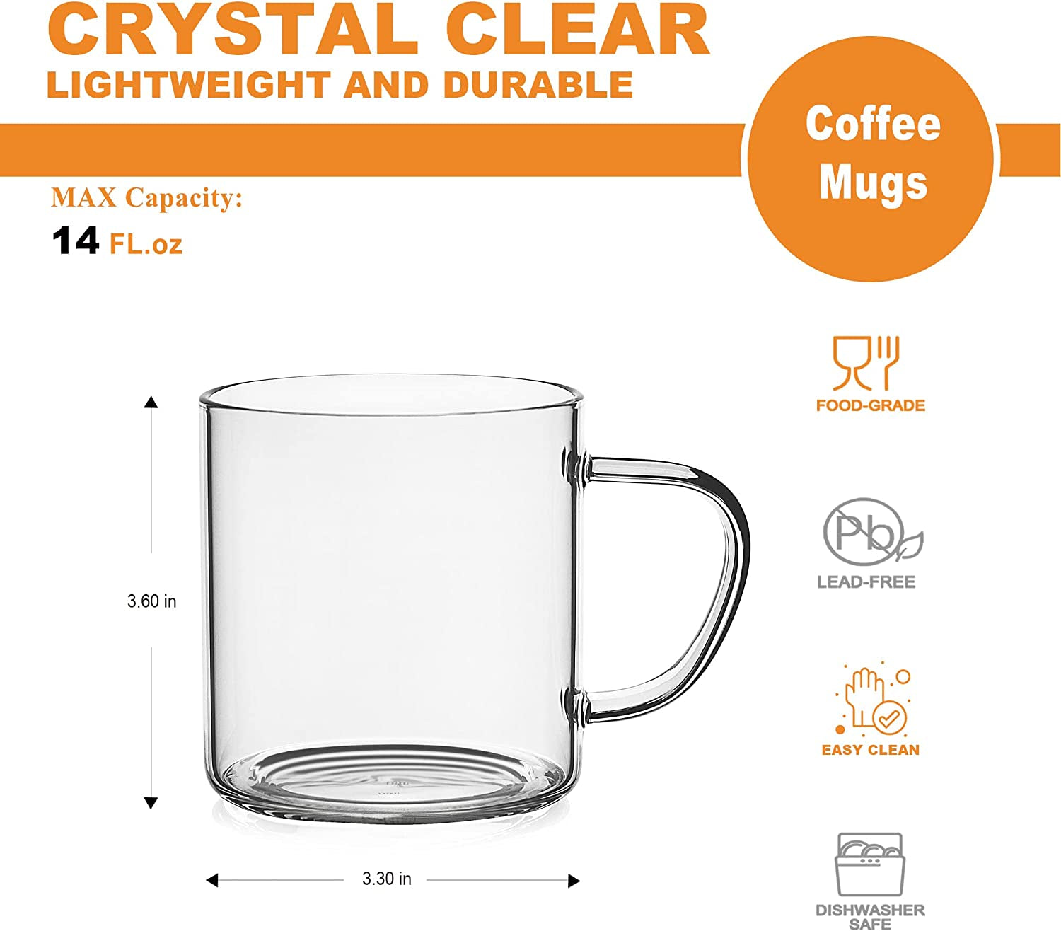 Glass Coffee Mugs Set of 4,14 Oz 