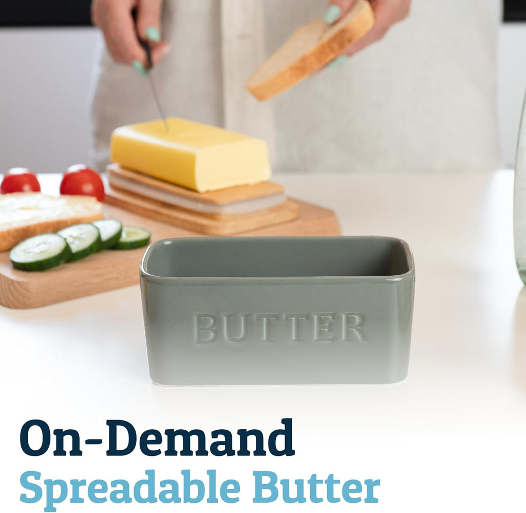 Prioritychef Extra Large Butter Dish with Lid for Countertop, Ceramic Butter Container with Airtight Cover, Butter Keeper for Counter or Fridge, Butter Holder Storage, Grey