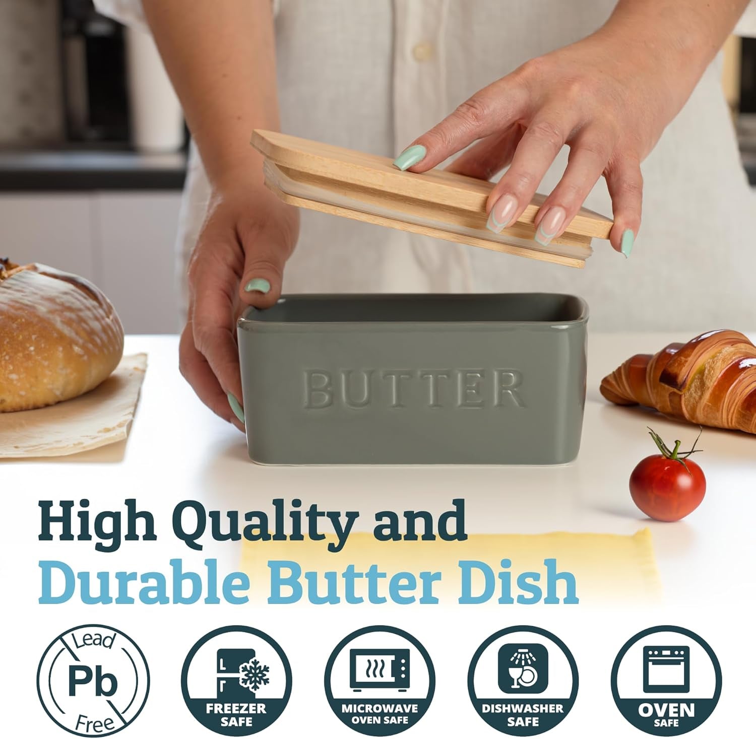 Prioritychef Extra Large Butter Dish with Lid for Countertop, Ceramic Butter Container with Airtight Cover, Butter Keeper for Counter or Fridge, Butter Holder Storage, Grey